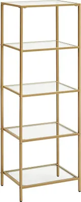 Produktbild von VASAGLE Bücherregal, 5-stöckiges Bücherregal, schlankes Regal für Schlafzimmer, Badezimmer, Heimbüro, gehärtetes Glas, Stahlrahmen, Gold ULGT029A01