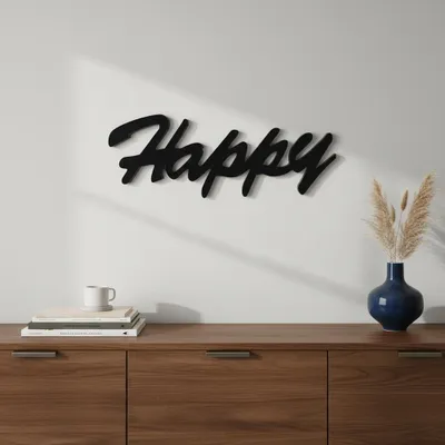 Zdjęcie produktu dla Znak dekoracyjny Happy z czarnego drewna MDF wiszący drewniany napis dekoracja ścienna