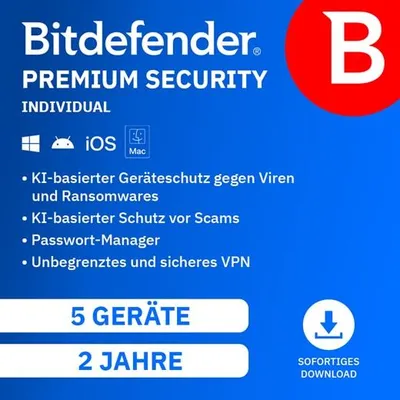 Produktbild von Bitdefender Premium Security Individual / 5 Geräte / 2 Jahre / Lizenz per E-Mail