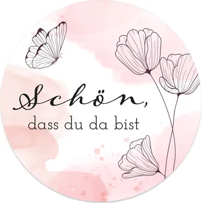 Produktbild von MAVANTO® 20x Schön dass du da bist Aufkleber 4,5 cm rund - Hochzeit Sticker ideal für Gastgeschenk in vielen schönen Designs (Schmetterling)