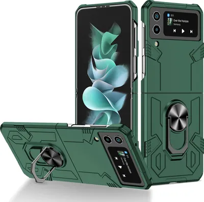 Obrázek produktu pro Galaxy Z Flip4 Pouzdro, robustní tvrdý PC, nárazuvzdorné Pouzdro s držákem prstenu a stojánkem pro Samsung Galaxy Z Flip 4 5G zelené