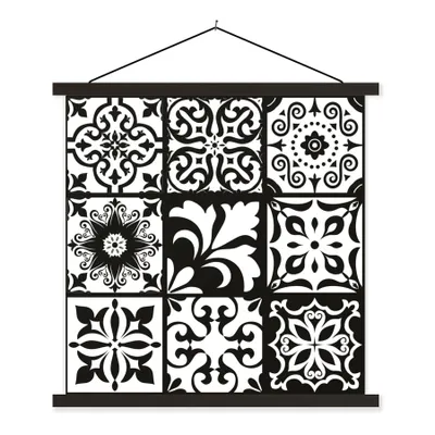 Produktbild von MuchoWow® Textilposter Muster - Schwarz - Weiß - Blumen - Abstrakt 60x60 cm mit schwarzem Rahmen - Posteraufhänger