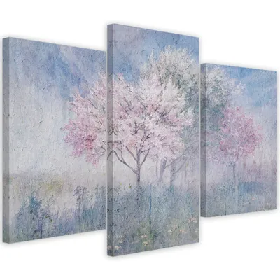Produktbild von Triptychon auf leinwand blühender baum auf der wiese alt verblasst 90x60 cm Feeby lila wandbild bereit zum aufhängen