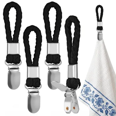 Immagine prodotto di Ganci per asciugamani, set di 4 pezzi, con corda in cotone e clip in metallo per appendere, ideali per cucina, bagno e armadi