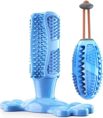 Produktbild von Hundezahnbürste Stick und Training Kauspielzeug, 2-Pack Set Haustier-Kauspielzeug, ungiftiger Naturkautschuk, Zahnpflege für Hunde, Zahnreinigung (M, Blau)