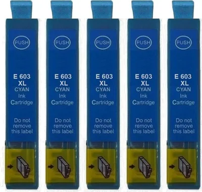Five cyan ink cartridges are lined up against a white background.