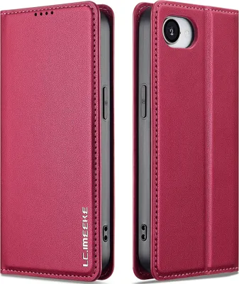 Image de Étui en cuir à rabat magnétique pour iPhone 16e/iPhone 17e, avec compartiment pour cartes et fonction support – Rouge