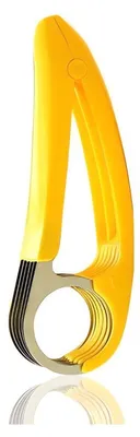 A yellow banana slicer with silver blades is shown against a white background.