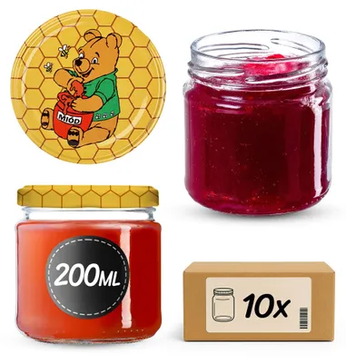 Obrázok produktu pre Sklenené nádoby na zaváranie – nádoby na skladovanie – 200 ml – balenie po 10 kusov – viečka s priemerom 66 mm – viečka vhodné na med – vhodné na potraviny