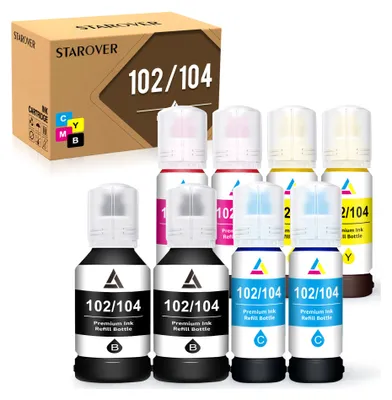 Produktbild von 8er Epson 102 104 Tinte Dye Tinte kompatibel für Epson EcoTank ET-2700 ET-2750 ET-2751 ET-2756 ET-3700 ET-3750 ET-4750 ET-15000 (700ml Nachfülltin)