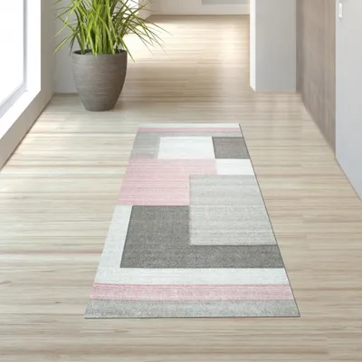 Produktbild von Designer Teppich mit Konturenschnitt Karo Muster Pastellfarben Rosa Creme Beige Größe - 80 x 300 cm