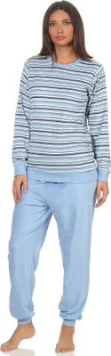 Produktbild von Eleganter Damen Frottee Pyjama Schlafanzug mit Bündchen in Streifenoptik  - 291 201 13 572 ; hellblau , 44