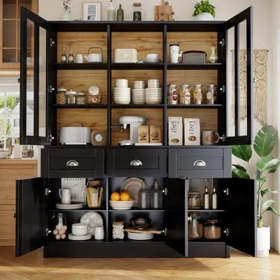 Zdjęcie produktu dla AIORBER Wysoka szafka witryna 140x38,5x175 cm, witryna stojąca z drzwiami akrylowymi, szufladami i regulowanymi półkami, zabezpieczeniem przed przewróceniem, MDF, czarna