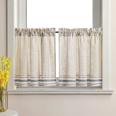 Produktbild von Joyswahl 2er Scheibengardinen Leinen Küche Gardinen Lila-blaue horizontale gestreifte Kurzstores Bistrogardine Tunnelzug Halbtransparent BxH 60x90 cm 2 Stück