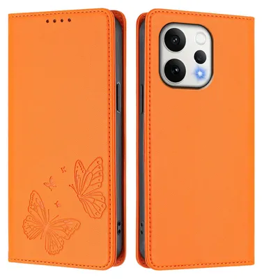 Image de Étui en cuir pour Vivo V70 5G, étui de protection type portefeuille en cuir gaufré « papillon » avec support, couleur orange