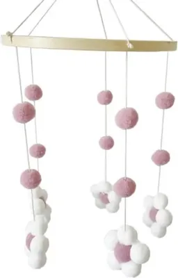 Image de Mobile pour parc de bébé - Wiegmobiel - Ledikant Mobiel - Babyshower - Kraamcadeau - Madelief et fleurs - Bois et pompons