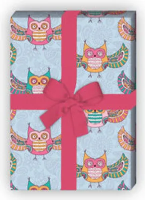 Produktbild von Indianisches Geschenkpapier mit Eulen in hellblau - G6422, 32 x 48cm