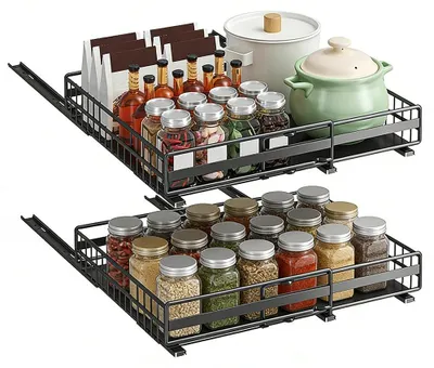 Produktbild von Ausziehbares Küchenregal - 2-teiliges Schrankauszug-Regal - Verstellbare Breite für Schränke und Schubladen - Drahtkorb aus Edelstahl - Schwarz