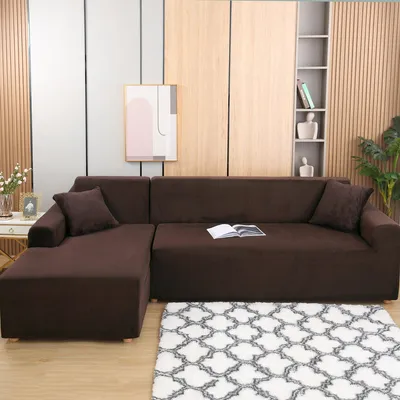 Produktbild von (Braun) L-förmiger Sofabezug, 2-teilige Plüschverdickung, elastische Sofabezüge, Schnittsofa, L-förmiger Sofa-Möbelschutz für Kinder und Haustiere