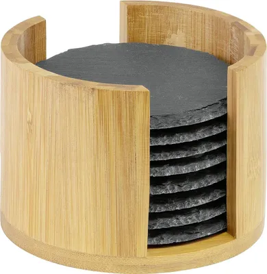 Immagine prodotto di Westmark 8 Naturschiefer-Untersetzer, rund, 10 cm, in Bambusbox, 69212260