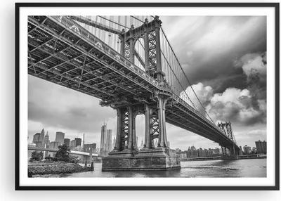 Produktbild von Gerahmtes Poster - Schwarzer Rahmen - Manhattan Brücke Schwarzweiß - 100x70 cm - Wand Bild - Wanddeko - Wandbilder - Wandposter - Bilderrahmen - Bilder - Kunstdruck - Wandbild - P2BAA100x70-4156