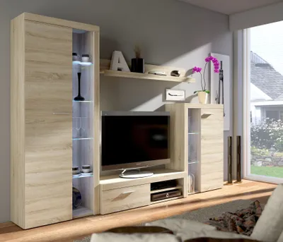 Produktbild von Wohnwand Schrankwand RUMBA TV-Schrank Wandregal 2xVitrine Wohnzimmer Anbauwand Sonoma