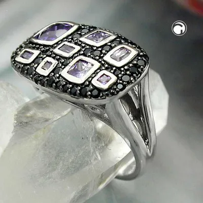 Produktbild von Gr. 62 - Ring 13x22mm mit Zirkonias lila-schwarz glänzend rhodiniert Silber 925 Ringgröße 62