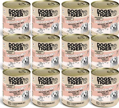 Produktbild von Dogs’n Tiger Junior, Hundefutter, Grünschnabel, Hunde Nassfutter, Welpen Futter, Geflügel, Getreidefrei, Naturreis, Karotte & Zucchini, 12x800g