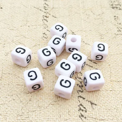 Produktbild von Buchstaben Perlen, 30 Stück, 6x6 mm, weiß mit schwarz, eckig, Buchstabe G