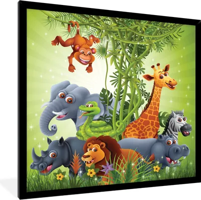 Produktbild von MuchoWow® MuchoWow® Gerahmtes Poster Dschungeltiere - Pflanzen - Kinder - Elefant - Giraffe - Löwe 40x40 cm - Poster mit zchwarzem Bilderrahmen - Mit Rahmen - Wanddekoration Schlafzimmer