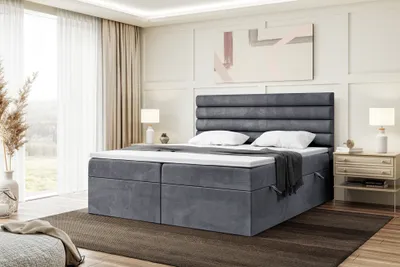Produktbild von MEBLINI Boxspringbett mit Bettkasten - Gepolstert Doppelbett mit Matratze und Topper - Polsterbett mit Stauraum - Bett mit Kopfteil - Stauraumbett - KARIM - 160x200 - H4/Dunkelgrau Samt