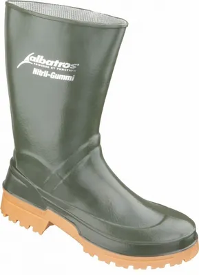 A green rubber boot with a brown sole is shown against a white background.