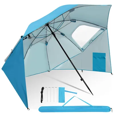 Image de Parasol de plage Peviasot 210 cm avec sac de transport, protection solaire UV50+, inclinable, parasol de jardin léger pour la plage, le camping et la terrasse, bleu ciel