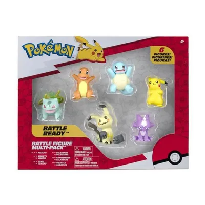 Produktbild von Packung mit 6 BANDAI-Figuren – Pokémon – Pikachu, Squirtle, Salameche, Bulbizare, Mimiqui, Toxizap – JW2684