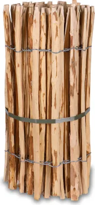 A bundle of wooden stakes tied together with wire and a metal band.