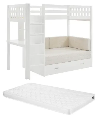 Produktbild von Zwischengeschossbett 90 x 190 cm mit Schlafsofa - Kieferholz und MDF - Weiß + Matratze - ORPELIA