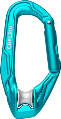 Axiom Karabiner von Edelrid in Türkis; geeignet für Klettern; mit einem speziellen Schnappmechanismus.