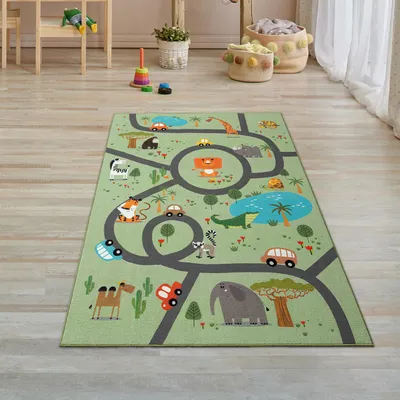 Produktbild von Kinderteppich rutschfest Safari mit Tieren Straßenteppich grün Größe - 80 x 150 cm