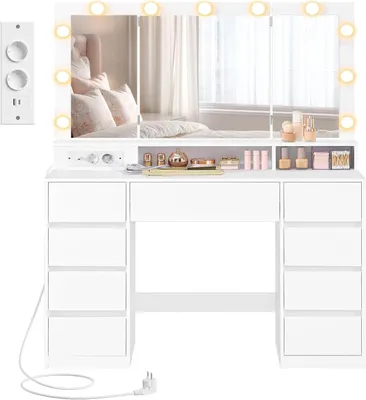 Immagine prodotto di Comò con specchio - Tavolino da trucco moderno - Ideale per il trucco - Dotato di prese di corrente integrate - Dimensioni: 107 x 40 x 144 cm