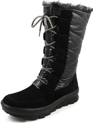 A single black winter boot is shown against a white background.