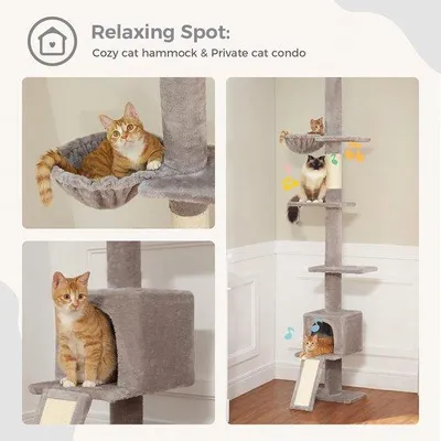 Produktbild von Famanu Kratzbaum für Katzen, höhenverstellbar von 216 cm bis 273 cm, mit Hängematte und Katzenkorb, grau