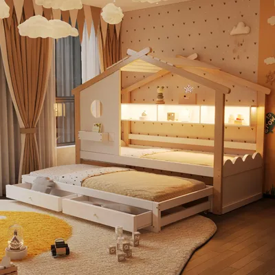 Image de Lit cabane pour enfant, dimensions 90 x 200 cm, avec lit tiroir 90 x 190 cm, 2 tiroirs, éclairage LED, ports USB et USB-C, étagères, couleur blanche/naturel, en bois