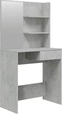 A vanity table with a mirror and shelves, presented against a white background.