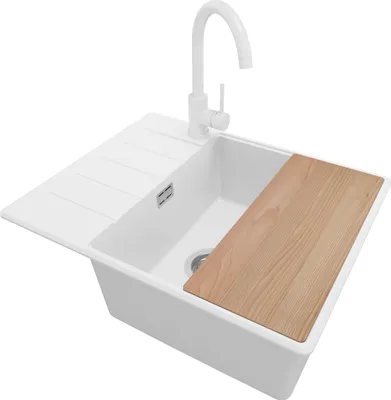 Produktbild von PRIMAGRAN Granitspüle Weiß 62x50cm, Spülbecken 1 Becken + Küchenarmatur 32x20cm + Ablauf-Set + Schneidebrett, Küchenspüle ab 50er Unterschrank - Kopenhagen