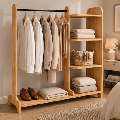 Immagine prodotto di Appendiabiti VCM, H 124 x L 106 x P 35 cm con ripiano e asta portabiti; appendiabiti a vista per camera da letto, ingresso o spogliatoio - Lempu L