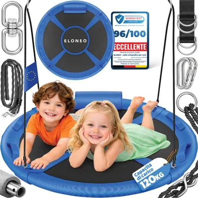 Immagine prodotto di ELONEO Altalena a nido per esterni e interni 90/120 cm, altalena a disco regolabile in altezza, con cuscini, maniglie e set di accessori, blu - 90 cm