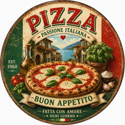 Produktbild von Blechschild Rund 30cm - Pizza Buon Appetito Italien Küche Retro Deko