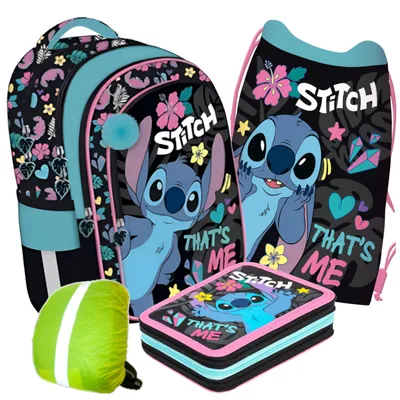 Produktbild von Schulranzen für Jungen und Mädchen, 4er-Set - Schul-Rucksack für Kinder mit Federmäppchen - Schuhbeutel und Regenschutz - Stitch Motiv