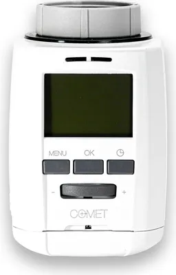 A white smart thermostat for a radiator, shown from the front.