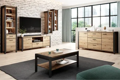 Produktbild von Modernes Wohnzimmer Komplett Set inkl. Couchtisch und Sideboard ACCRA-83 in Taurus Eiche Nb. mit Beleuchtung, B/H/T: ca. 200/250/41 cm